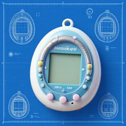 a blueprint of mech tamagotchi, in the style of josan gonzalez, game icon, highly detailed