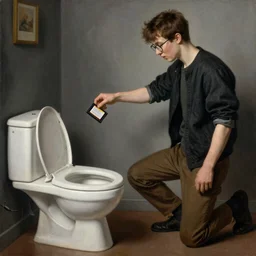white boy with brown hair and glasses throwing a game cartridge into a toilet, ((scott the woz)), renaissance painting