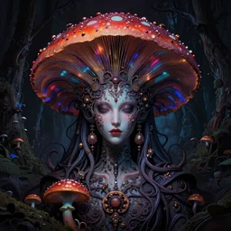 portrait of psilocybe azurescens deity in sinister deep dark forest ambience, in style of dark fantasy art, in style of Midjourney, stylized, detailed and intricate, mandelbulber fractal, elegant, ornate, horror, elite, ominous, haunting, beautiful digital painting, cinematic, cgsociety, H.R. Giger, Zdizslaw Beksinski, James jean, Noah Bradley, Darius Zawadzki, vivid chromatic colors and vibrant outlines