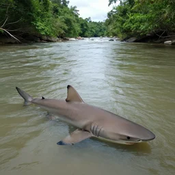 a shallow river filled with sharks