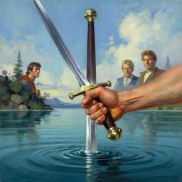 a digital painting of a hand holding a sword emerging from a lake by james gurney, craig mullins and frank frazetta