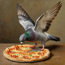 a pigeon eating a pizza with its wings, oil painting by jan matejko