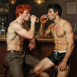 attractive muscular male with red hair and attractive muscular male with black hair. pants and shorts, drinking their hearts out, having fun, in a pub. highly detailed and very defined painting by gaston bussiere, j. c. leyendecker, craig mullins 8 k