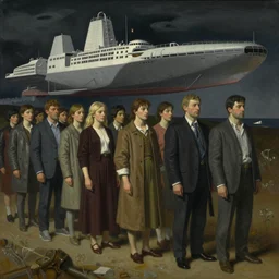 waiting in line for the mothership, massurrealism, matte drawing, american realism, dystopian art, academic art