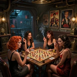 women in the interior of a steampunk apartment, Greg Rutkowski, night time, Milo Manara, Scarlett Johanson, zoey Deschannel, smoking cigarettes, playing board games, highly detailed, Tarantino Movie Posters, level design, concept art, artstation, cgsociety, zenith view