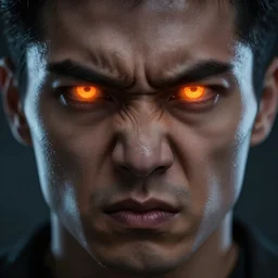 portrait of a face of a very angry man, he has glowing eyes, glowing orange color, eyes glowing in orange color, symmetrical face