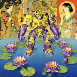 waterlily plants, warhammer, cyber japan style, flowery sci - fi pond, jeff koons style, purple and yellow, highly detailed, artstation, bandai box art, in the style of moebius, jugendstil and classic japanese print, art by jean delville, peter max, rene magritte