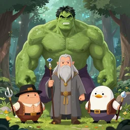 the hulk starring as gandalf in lord of the rings, staff, white beard,, cartoonish cute, pine trees, magical atmosphere, trending on artstation, 3 0 mm, by noah bradley trending on artstation, deviantart, high detail, stylized portrait