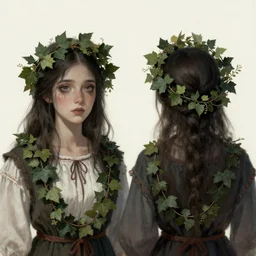 two women wearing garlands of ivy in their hair. folk horror style art.