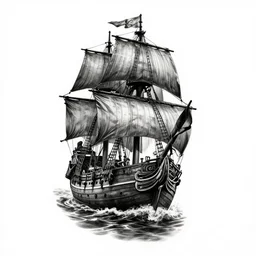 A realism tattoo design of a pirate ship, white background, black and white, highly detailed tattoo, realistic tattoo, realism tattoo, beautiful shades
