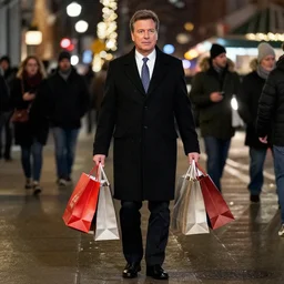 1 9 9 8 andy richter wearing a black wool coat and necktie standing on the streets of chicago at night in winter, holding shopping bags gifts, dynamic lighting, holiday season.