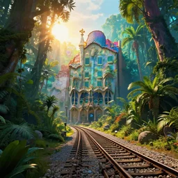 a beautiful photorealistic rendering of nature railway by antoni gaudi, cyberpunk junglepunk alien morning sun thermal vision forest nightvision synthwave myst studio ghibli neon noir lightpaint neon signs laser at dusk retrowave, archdaily, wallpaper, highly detailed, trending on artstation.