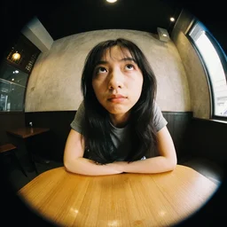 eye level photo of woman sitting at the table, fish eye lens