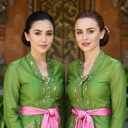portrait of demi rose and emilia clarke wearing green kebaya and pink silk belt, bali, by charlotte grimm, natural light, detailed face, beautiful features, symmetrical, canon eos c 3 0 0, ƒ 1. 8, 3 5 mm, 8 k, medium - format print,
