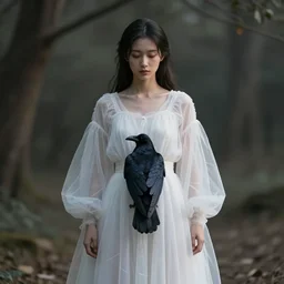 hight focus of a wonderful realistic focused sweet wonderful symmetrical mid portrait of a lonely woman with a detailed wonderful, majestic, large semi transparent white cotton dress like as a realistic black raven, dramatic light, octane render - 8 k
