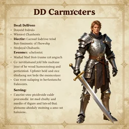 D&D character sheet, with character's front illustration on the right and text on the left and top and bottom. Warrior character, wearing armor and holding a sword.