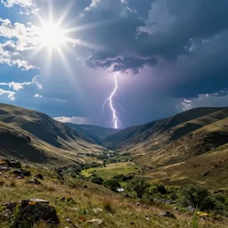 a beautiful ancestral highland valley with rolling hills and a big blue sky, bright sun, daytime, and a single bolt of distant lightning, holy and sacred, ground perspective;  detailed, best on artstation, john avon, rob alexander, cosmic, volumetric lighting, godrays, epic, stunning, masterpiece