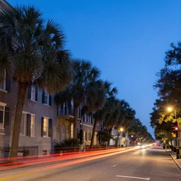 charleston, south carolina, landscape, cityscape, broad street, vanishing point right side, traffic light trails, dawn, blue hour, 2 4 mm, f / 1 6, long exposure, architecture photography