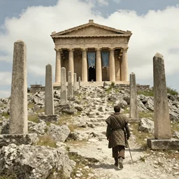 A movie still of a rocky hillside in Italy with ancient stone obelisks leading up the hill to a large stone intricately detailed ancient temple. There are faded tattered blue flags hanging from the temple. Walking up the hill is a man in a quilted gambenson with a sword. Wide shot, sunny cloudy day, dappled lighting