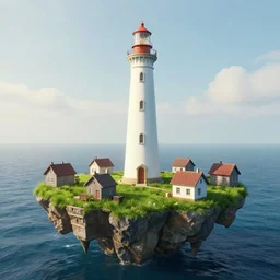 GIANT light house on grass & wood houses floating on the ocean, RHADS, fever dream