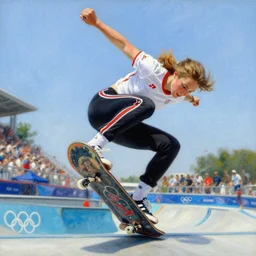 the queen doing extreme skateboarding tricks at the olympics, highly detailed painting by gaston bussiere, craig mullins, j. c. leyendecker