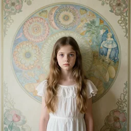 a beautiful young girl in front a wallpaper by ernst heackel, daguerreotype by edward hopper, by henri rousseau, by Bosch, art noveau, highly detailed, strong lights, liminal, eerie, Bright pastel colors, octane render, 8k,