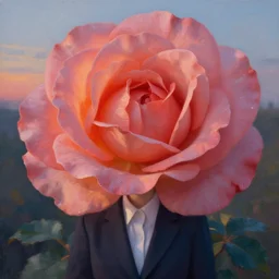 closeup, massive rose flower head, frontal, a girl in a suit, surreal photography, sunrise, dramatic light, impressionist painting, digital painting, artstation, simon stalenhag