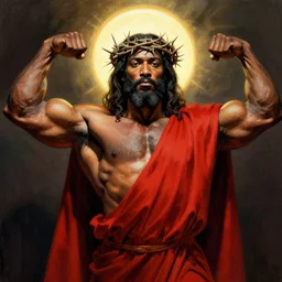 african jesus as a bodybuilder showing off is divine strength, beard, wearing crown of thorns, red robes, by greg hildebrandt, halo above head, dramatic lighting