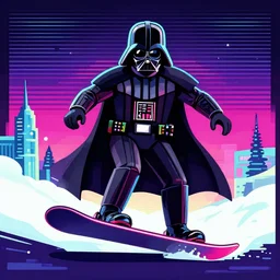 darth vader snowboarding, vaporwave, vector graphics, synthwave, neon