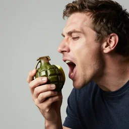 Man eating a grenade like an apple