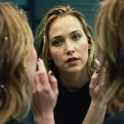 jennifer lawrence touching mirror in matrix remake, ( eos 5 ds r, iso 1 0 0, f / 8, 1 / 1 2 5, 8 4 mm, postprocessed, crisp face, facial features )