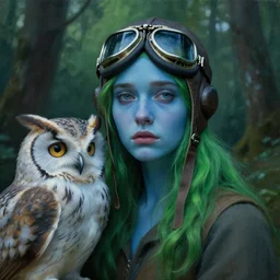 a close up portrait of a lonely young beautiful woman, standing with a giant owl, ww 2 pilot goggles, fine facial features, symmetrical, sad, blue skin, green hair, in a forrest, inspired by edward hopper and grand budapest hotel, high resolution, octane render, high detailed masterpiece painting