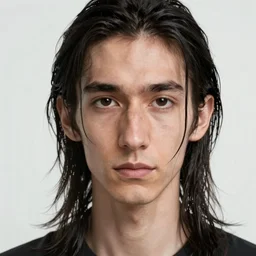 face portrait a thin man with long greasy black hair, curtain haircut, a large hooked nose, dark penetrating eyes, highly detailed, digital art