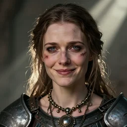 head and shoulders portrait of a female knight with a anxious smile. scars under her grey eyes. sad and tired, steam punk neclace photo in the style of annie leibovitz. light rays!