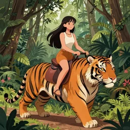 girl riding giant tiger in the jungle