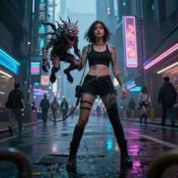 a beautiful woman holding a crazy creature on a leash, cyberpunk style, futuristic, realism, wide shot, busy street, dramatic lighting, neon signs, digital art, 8k resolution, high detail, by Boris Vallejo