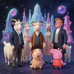 a painting of very well dressed goats, a dog that is sitting down with a space background, medieval peppa pig, cyberpunk art by android jones and mike beeple winkelmann, eye - candy, ethereal goddesses, crazy architectures, cute animals and magic portals, blender 3 d, trending on cgsociety, 3 d render, rendered in octane
