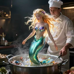 a cook cooking a real mermaid in a pot