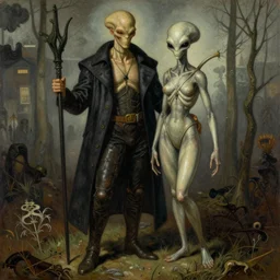 alien man with alien woman, full body portraiture, painted by beksinski, 4 k, intricate details, unreal engine, dynamic lighting