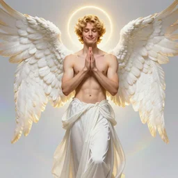 fullbody portrait of a beautiful young fit male angel with curly blond hairs, soft smile, closed eyes, blessing palms, dressed in long fluent skirt, majestic symmetrical eagle wings, luminous halo, by greg rutkowski and alphonse mucha, gradient white to gold, in front of an iridescent background, highly detailed portrait, digital painting, smooth, focus illustration