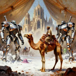 a camel as a man who is a merchant trader in a tent, many chrome mechas, matte oil painting, rusted cathedrals, retrofuturistic, concept art, science fantasy, mutant, lgbt, queer, rpg, epic, rust, white salt, badlands, slime, jungles, dungeons & dragons, sacred, sharp focus, award - winning, extremely detailed, 4 k, 8 k