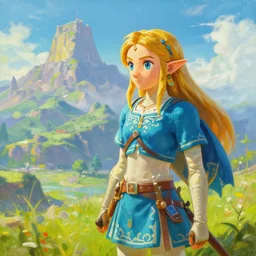 oil painting of zelda breath of the wild, iconic mountain in the background. beautiful, rpg, dnd, artgerm, colorful, disney, pixar