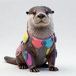 grey anthropomorph otter wearing colorful futuristic skin tight rubber armor, artstation, realistic