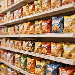 Shelves lined with snacks, 4K texture for Unity, photorealistic