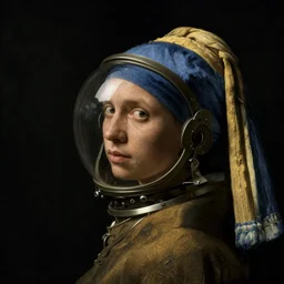a young man's face in profile, wearing a glass space helmet and a cloak, in the style of the dutch masters and gregory crewdson, dark and moody