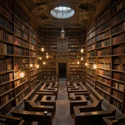 a labyrinthine library deep underground lit by lanterns, piranesi, moebius
