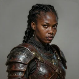 portrait painting of round - faced black badass young woman fighter with a braided ponytail wearing old leather armor, ultra realistic, concept art, intricate details, eerie, highly detailed, photorealistic, octane render, 8 k, unreal engine. art by artgerm and greg rutkowski and charlie bowater and magali villeneuve and alphonse mucha
