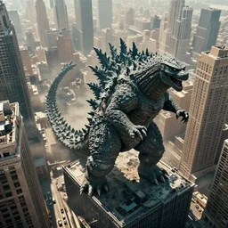 top down photo of new york city, godzilla is rampaging through the heart of the city