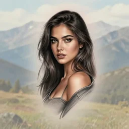 tattoo design sketch of a beautiful girl, on a faded background of beautiful mountain scenery, hyper realistic