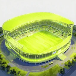 neon yellow sports stadium, concept painting, neon lights, cyberpunk, huge, anime girls